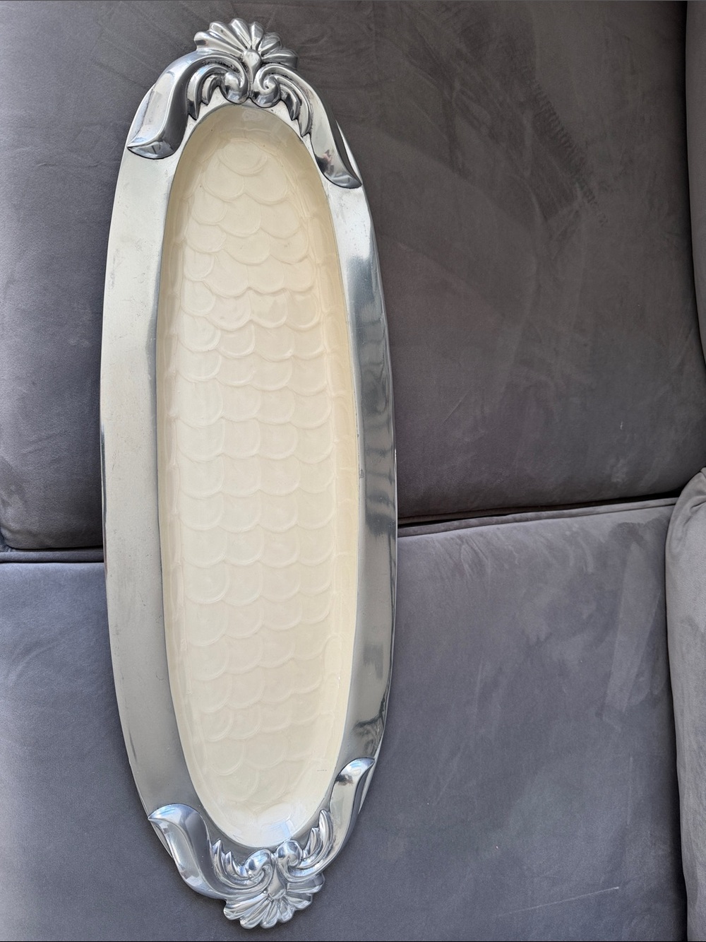 Cream Ceramic Serving Platter with Silver-Tone Metal Rim
